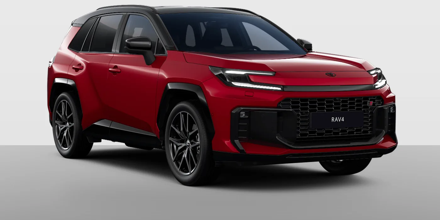 Toyota RAV4 GR Sport em vermelho com tejadilho preto, vista três quartos à frente